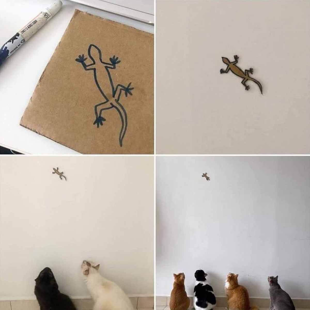 Picture of a drawing of a lizard on cardboard, then a picture of it cutout and stuck to a wall, then two pictures of cats under it staring at it