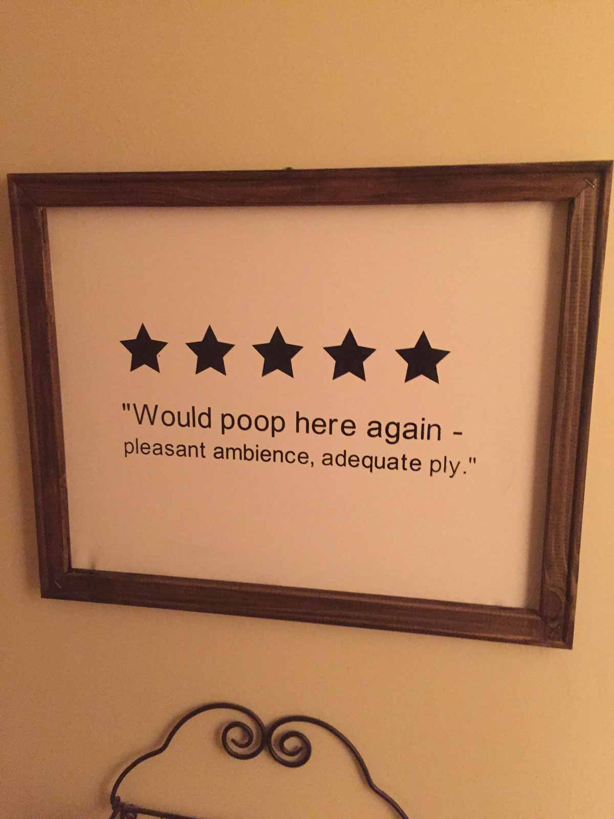 Funny framed bathroom sign that is a review that says 'five stars would poop here again - pleasant ambience, adequate ply'