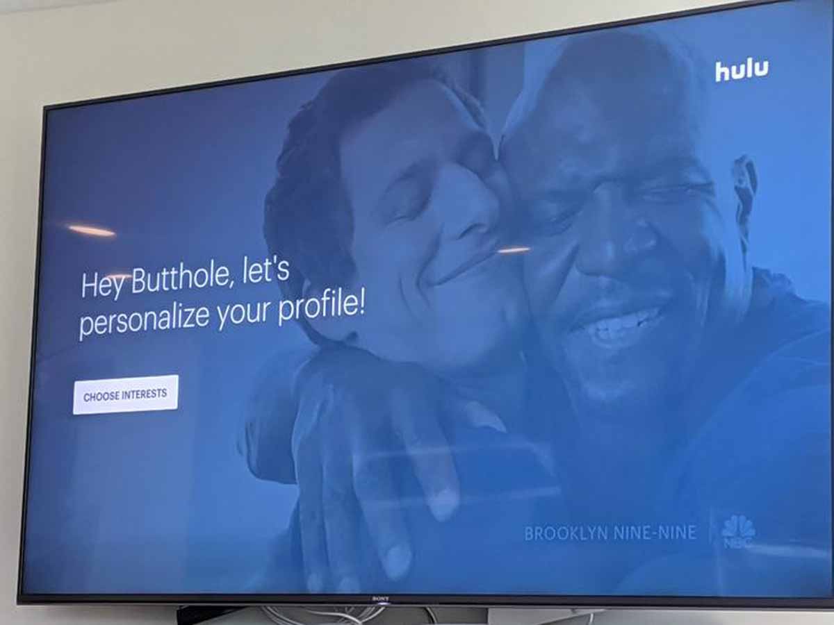 Photo of the customize screen on Hulu where someone put their name in as 'butthole' so it says 'Hey Butthold, lets personalize your profile'