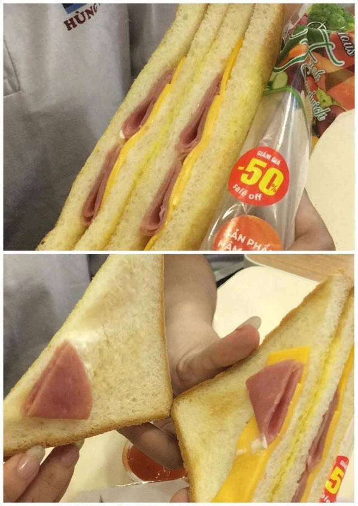 Funny and frustrating photo of a premade sandwich and then it open up and you can see there's nothing in it