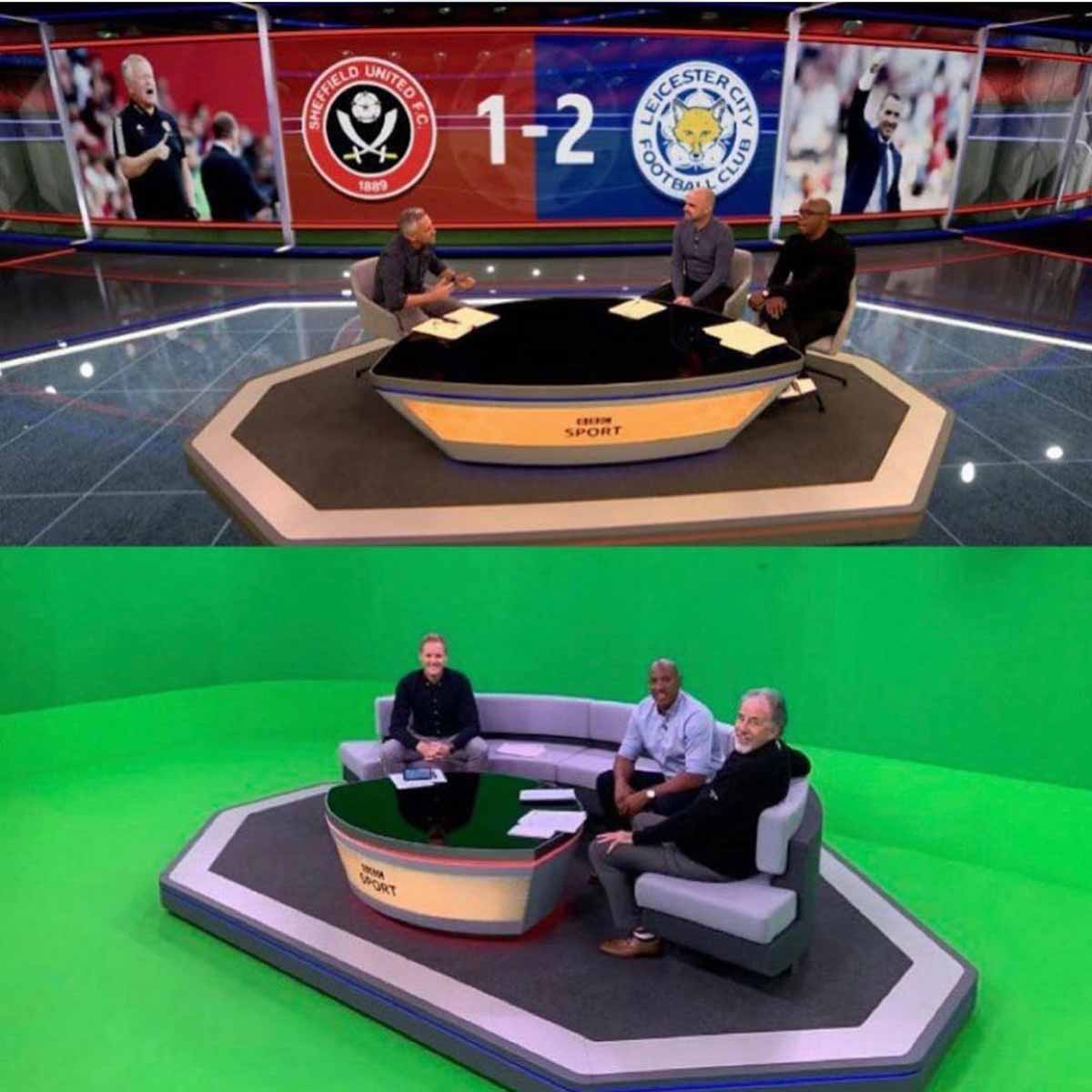Funny picture of the studio of sports news show and then a picture showing it's all a greenscreen