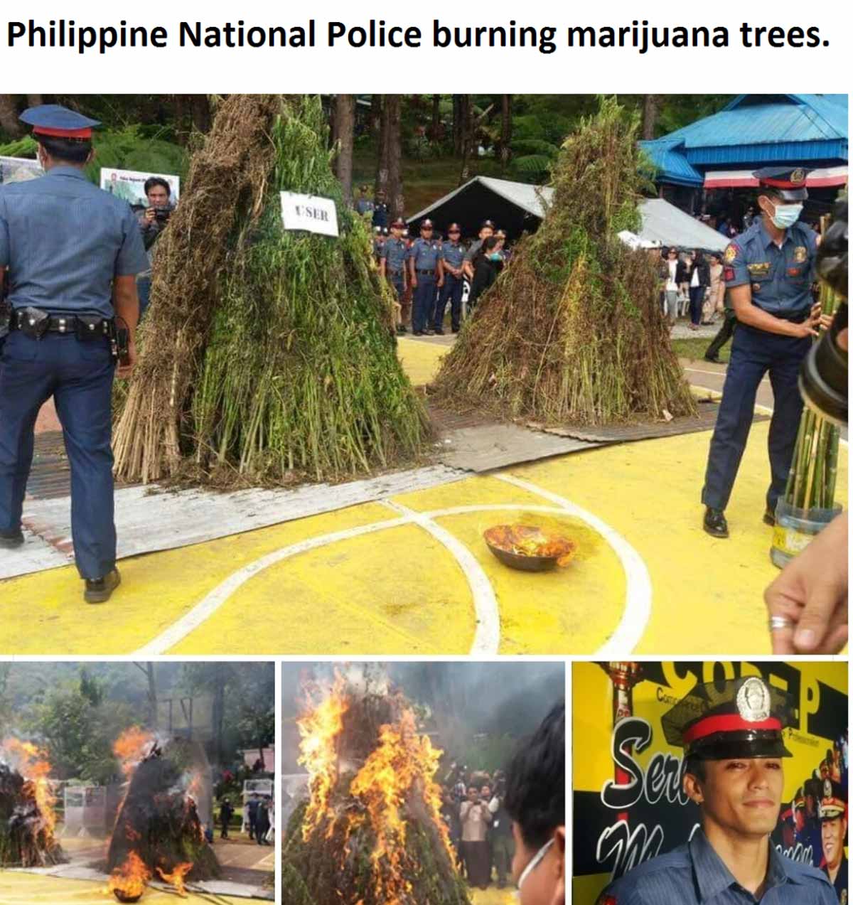 Funny picture of Philippine National Police burning marijuana plants and then one officer looking really stoned