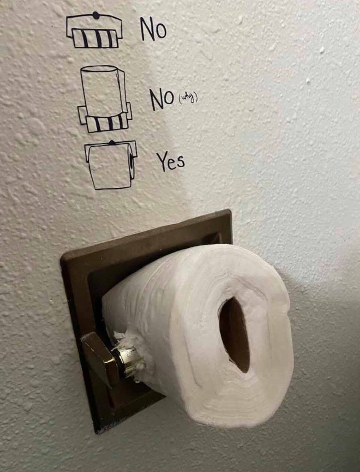 Funny picture of two drawings of how not to put toilet paper on the holder and one with the proper way and below the drawings in the actual toilet paper roll where someone drilled a hole and put the paper on in a way that it's unusable.