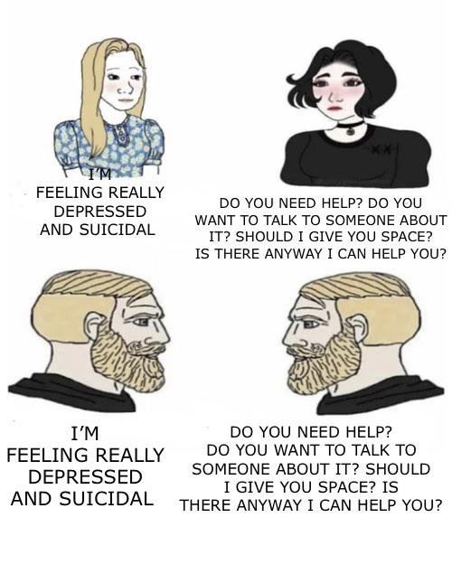cartoon - Feeling Really Depressed And Suicidal Do You Need Help? Do You Want To Talk To Someone About It? Should I Give You Space? Is There Anyway I Can Help You? I'M Do You Need Help? Feeling Really Do You Want To Talk To Someone About It? Should Depres