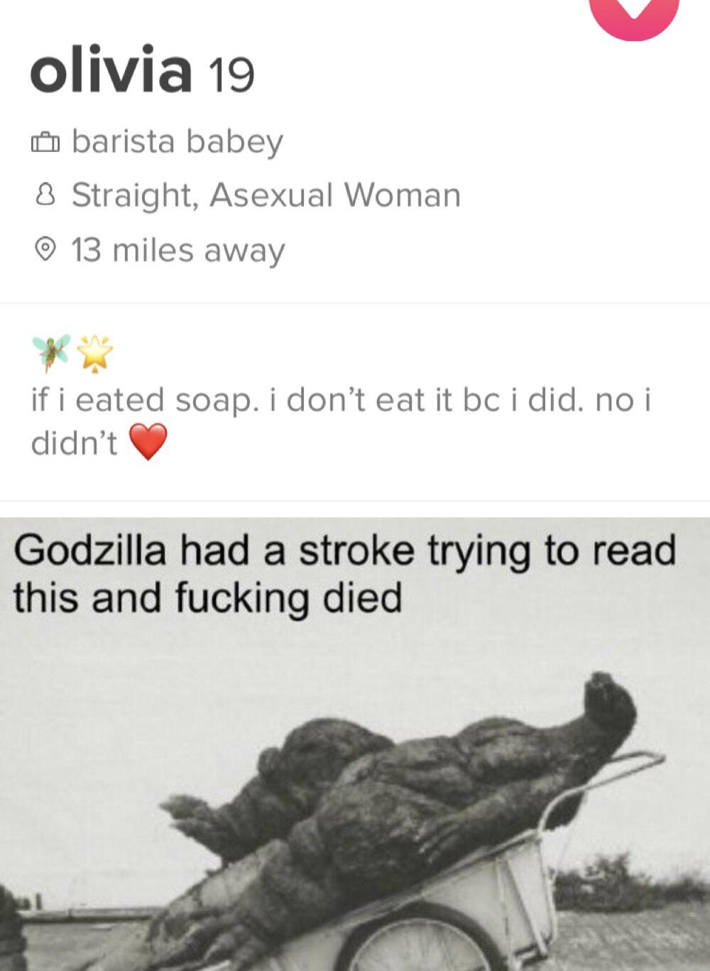 dank memes reddit - godzilla had a stroke trying to read - olivia 19 barista babey 8 Straight, Asexual Woman 13 miles away if i eated soap. i don't eat it bc i did. no i didn't Godzilla had a stroke trying to read this and fucking died