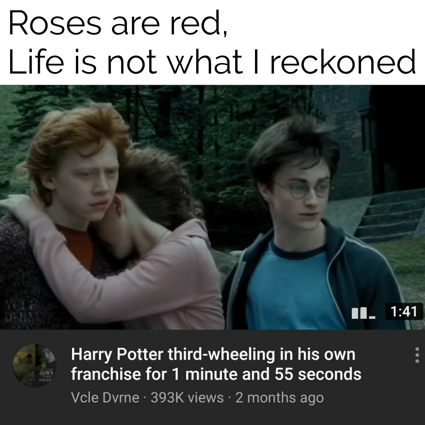 photo caption - Roses are red, Life is not what I reckoned Ys Dini Ii. Harry Potter thirdwheeling in his own franchise for 1 minute and 55 seconds Vcle Dvrne views 2 months ago