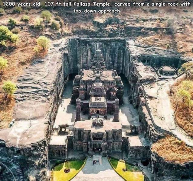 random pics and memes - ellora caves kailasa temple - 1200 years old, 107 ft tall Kailasa Temple, carved from a single rock with topdown approach