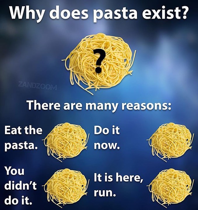 surreal memes - contact us button - Why does pasta exist? Zandzoom There are many reasons Do it Eat the pasta. now. It is here, You didn't do it. run.