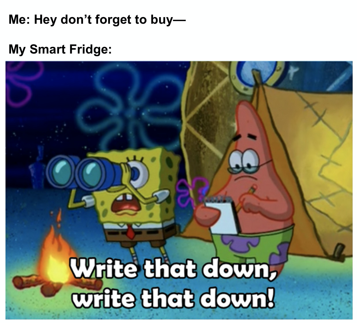 spongebob meme 2020- write that down meme - Me Hey don't forget to buy My Smart Fridge Write that down, write that down!