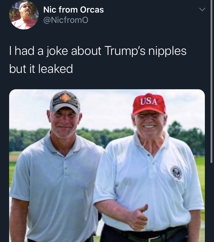 i have a joke but - Donald Trump -  Nic from Orcas I had a joke about Trump's nipples but it leaked Usa