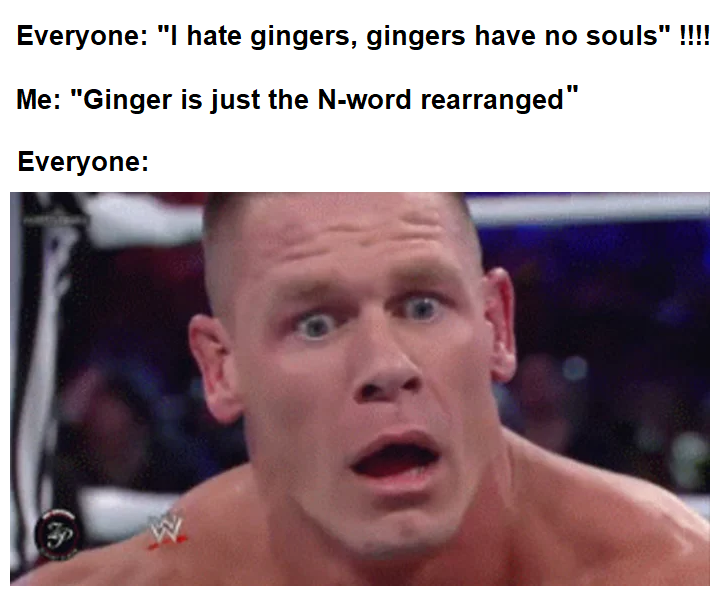 confused john cena - Everyone I hate gingers, gingers have no souls. Me: ginger is just the n-word rearranged. everyone