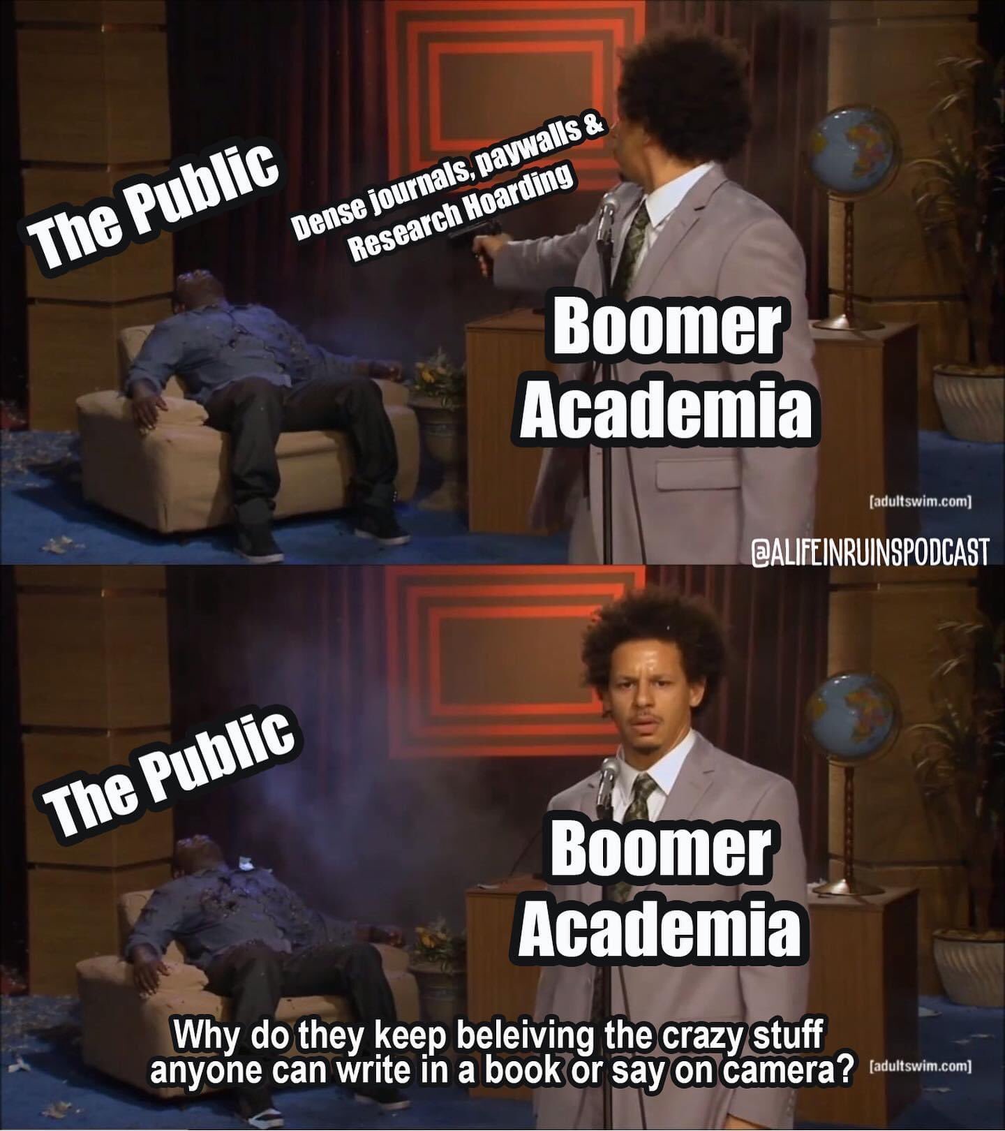 r/collegememes- college dank memes - coronavirus strikes again meme - The Public Dense journals, paywalls & Research Hoarding Boomer Academia adultswim.com The Public Boomer Academia Why do they keep beleiving the crazy stuff anyone can write in a book or