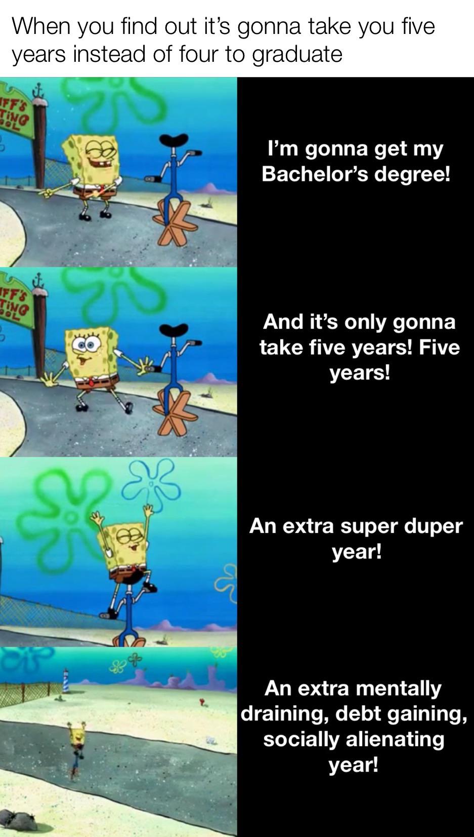 r/collegememes- college dank memes - cartoon - When you find out it's gonna take you five years instead of four to graduate Ff'S Ting U I'm gonna get my Bachelor's degree! Iff's And it's only gonna take five years! Five years! Su An extra super duper year