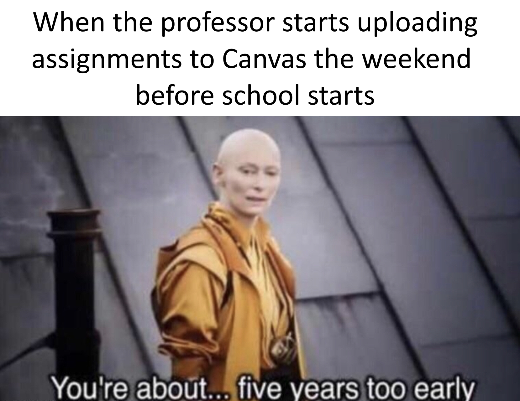 r/collegememes- college dank memes - you re about five years too early - When the professor starts uploading assignments to Canvas the weekend before school starts You're about... five years too early