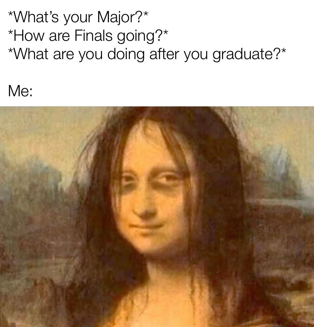 r/collegememes- college dank memes - you feeling ok mona lisa - What's your Major? How are Finals going? What are you doing after you graduate? Me