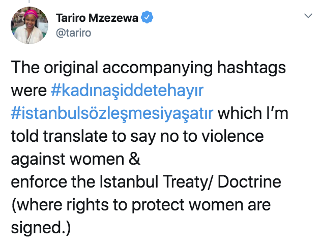 angle - > Tariro Mzezewa The original accompanying hashtags were naiddetehayir zlemesiyaatr which I'm told translate to say no to violence against women & enforce the Istanbul Treaty Doctrine where rights to protect women are signed.