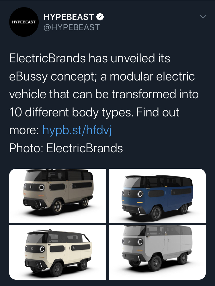 ebussy - bumper - Hypebeast Hypebeast ElectricBrands has unveiled its eBussy concept; a modular electric vehicle that can be transformed into 10 different body types. Find out more hypb.sthfdvj Photo ElectricBrands 3