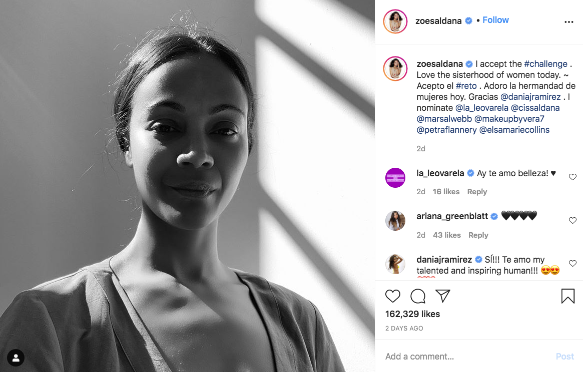 girl - zoesaldana Les zoesaldana o I accept the Love the sisterhood of women today, Acepto el . Adoro la hermandad de mujeres hoy. Gracias . 1 nominate 2d la_leovarela Ay te amo belleza! 2d 18 ariana_greenblatt 2d 43 daniajramirez Sit! Te amo my talented 