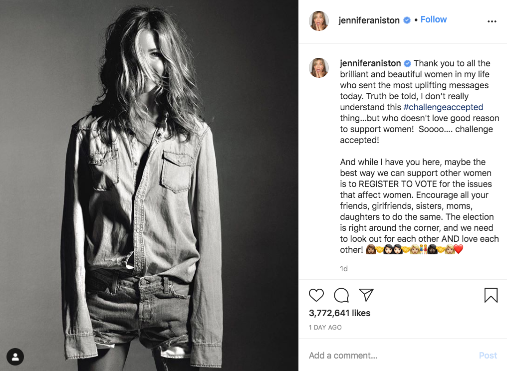 jacket - jenniferaniston Ho. jenniferaniston Thank you to all the brilliant and beautiful women in my life who sent the most uplifting messages today. Truth be told, I don't really understand this thing...but who doesn't love good reason to support women!