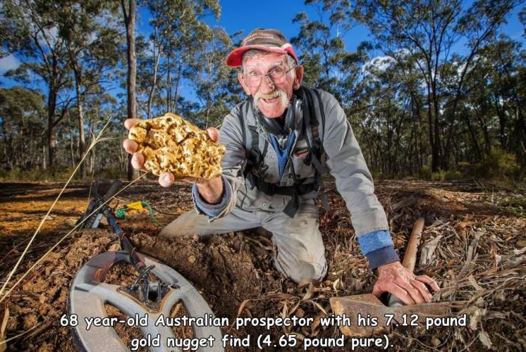 fa picture of the  gold nugget found in australia - 68 yearold Australian prospector with his 7.12 pound gold nugget find 4.65 pound pure.