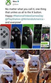 dank gaming memes - laughing wolves memes - Xbox Xbox No matter what you call it, one thing that unites us all is the X button Happy Video GamesDay America and everyone! A Xbox gamers Nerede gomon Pc gamers Mobile gamers" PlayStation gamers