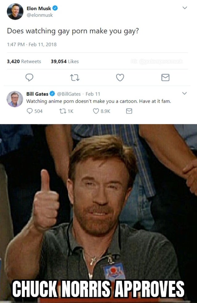 Elon Musk Does watching gay porn make you gay? - Bill Gates Watching anime porn doesn't make you a cartoon. Have at it fam. Chuck Norris Approves