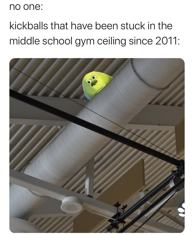 funny memes - Internet meme - no one kickballs that have been stuck in the middle school gym ceiling since 2011