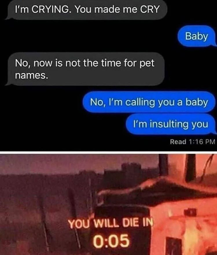 funny memes - you will die meme - I'm Crying. You made me Cry Baby No, now is not the time for pet names. No, I'm calling you a baby I'm insulting you Read You Will Die In