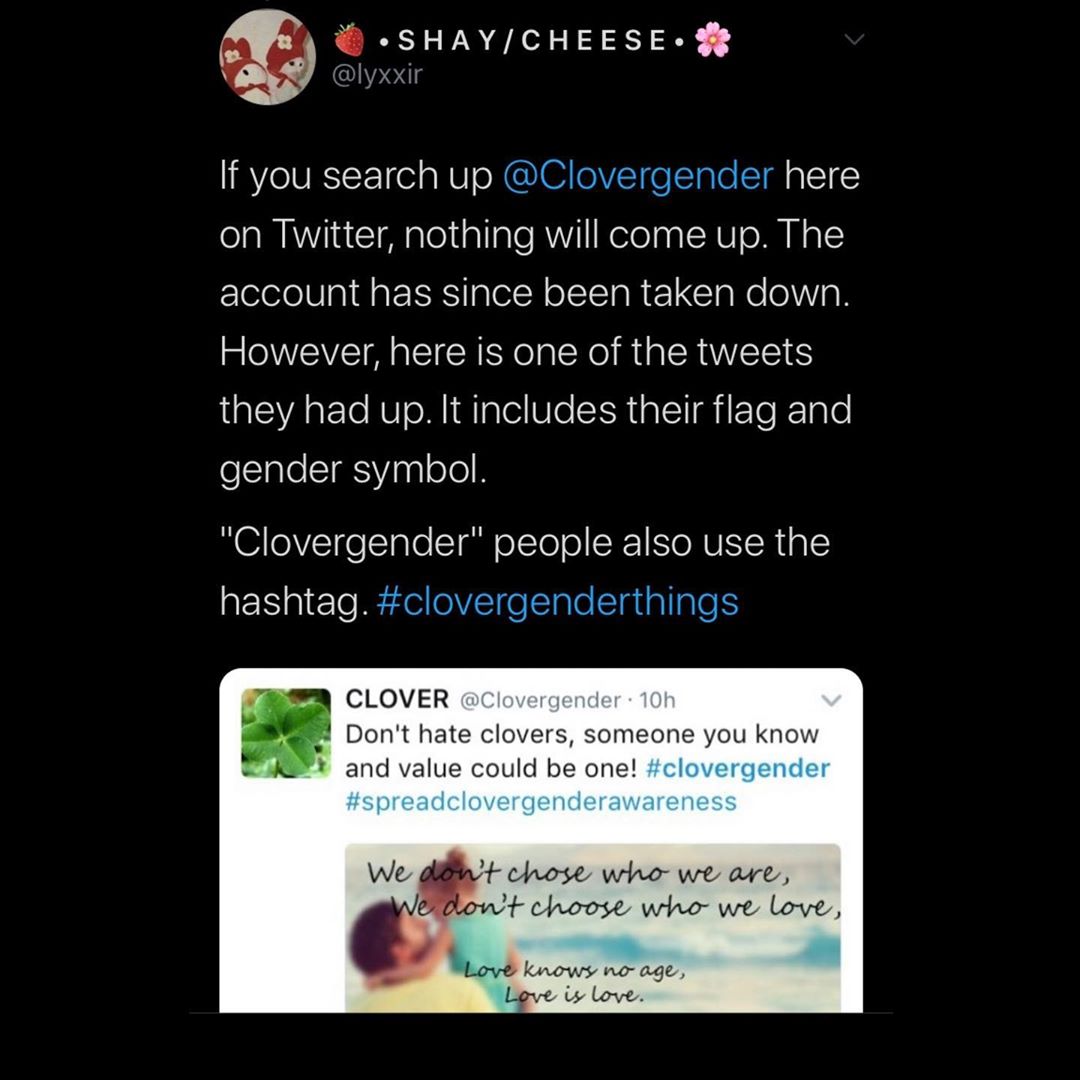 screenshot - ShayCheese. If you search up here on Twitter, nothing will come up. The account has since been taken down. However, here is one of the tweets they had up. It includes their flag and gender symbol. "Clovergender" people also use the hashtag. C