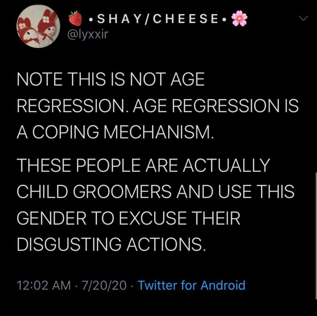 screenshot - ShayCheese. Note This Is Not Age Regression. Age Regression Is A Coping Mechanism. These People Are Actually Child Groomers And Use This Gender To Excuse Their Disgusting Actions. 72020 Twitter for Android