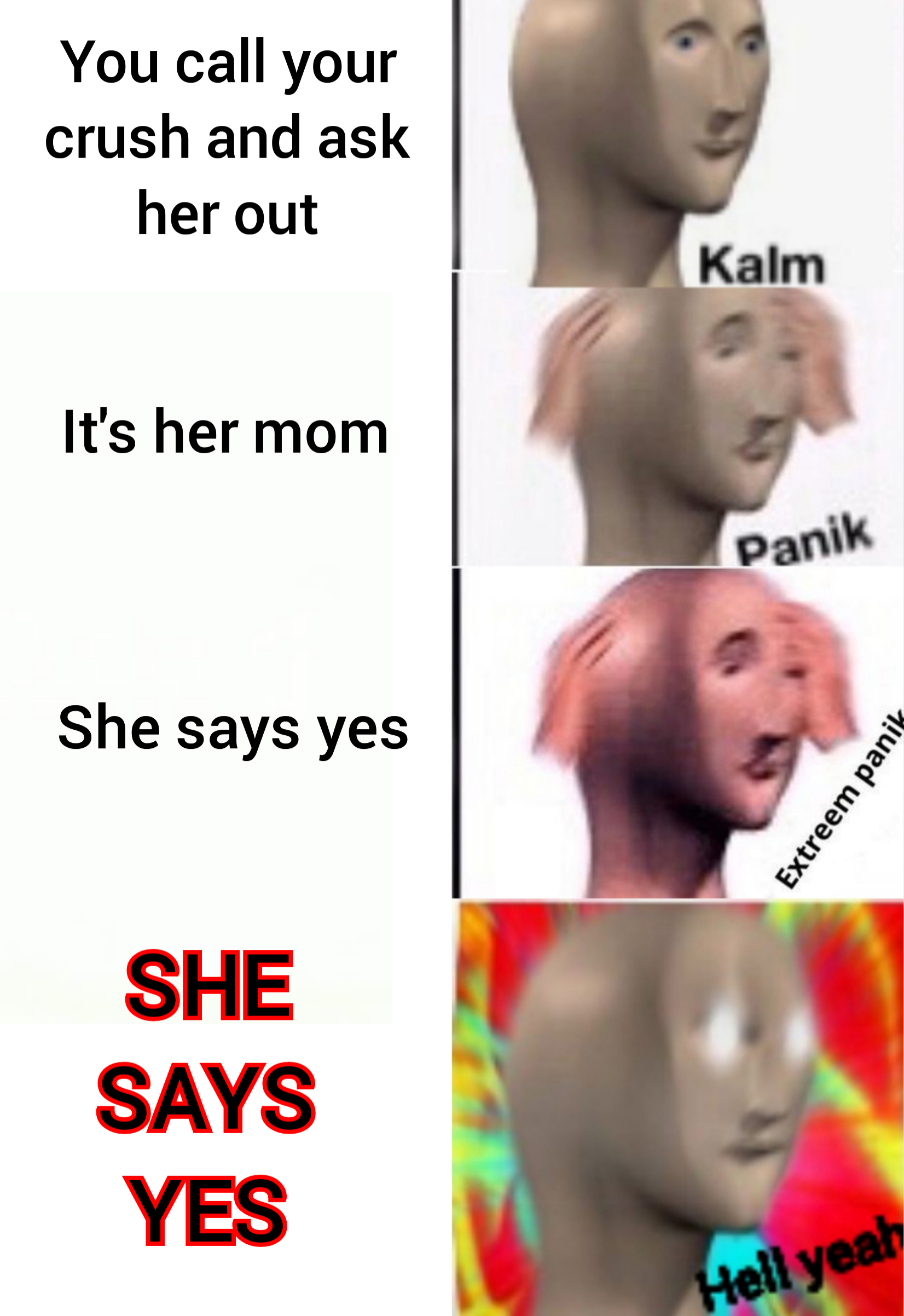 dank memes - panik meme - You call your crush and ask her out Kalm It's her mom Panik She says yes Extreem panil She Says Yes Hell yeah