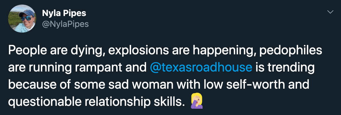 People are dying, explosions are happening, pedophiles are running rampant and is trending because of some sad woman with low selfworth and questionable relationship skills.