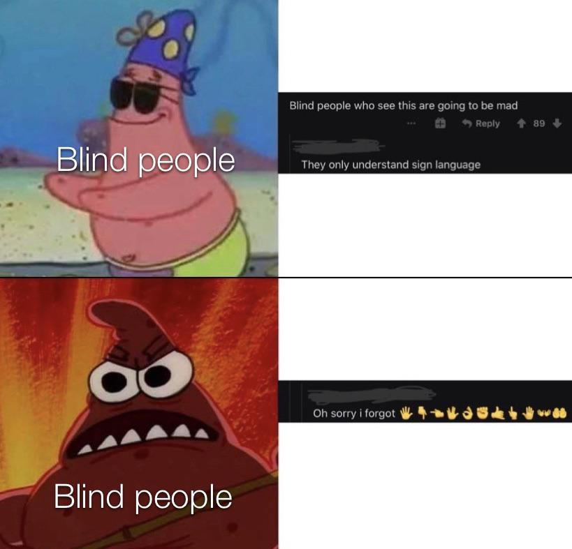 Blind people who see this are going to be mad - Blind people They only understand sign language  Oh sorry i forgot Blind people