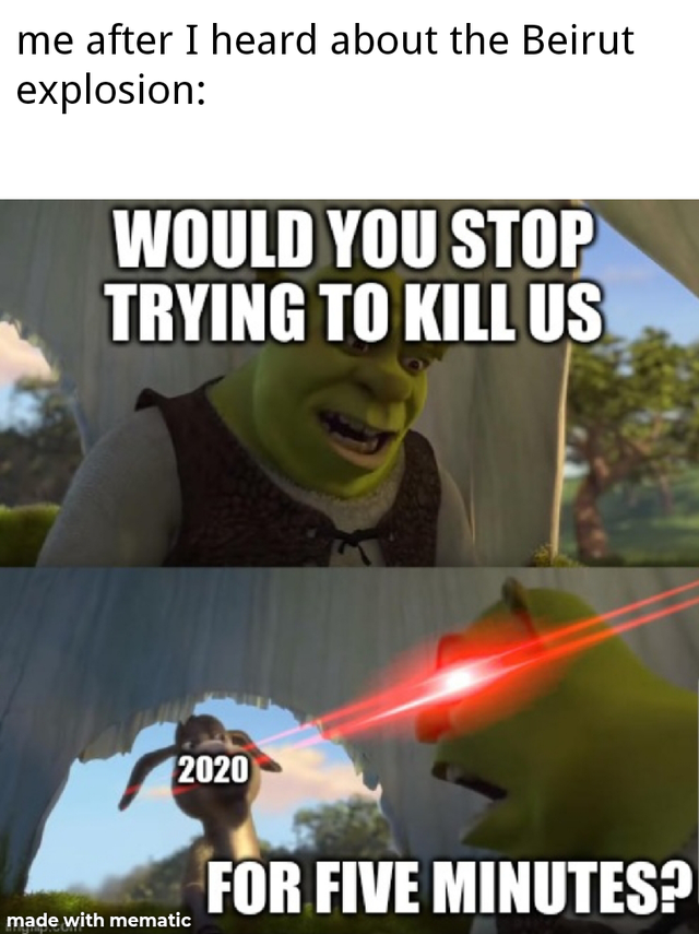 2020 shrek meme - me after I heard about the Beirut explosion Would You Stop Trying To Kill Us 2020 For Five Minutes?
