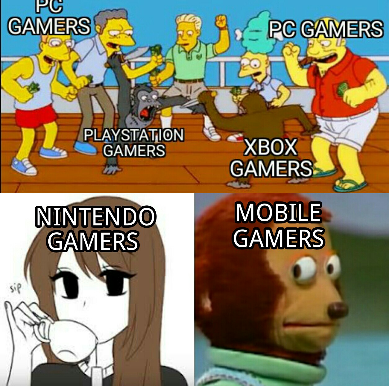 dank memes- nintendo memes - monkey fighting meme - Gamers Pc Gamers 21 Playstation Gamers Xbox Gamers Nintendo Gamers Mobile Gamers sip