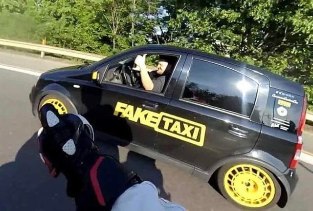dirty memes - city car - Fake Taxi irl thumbs up