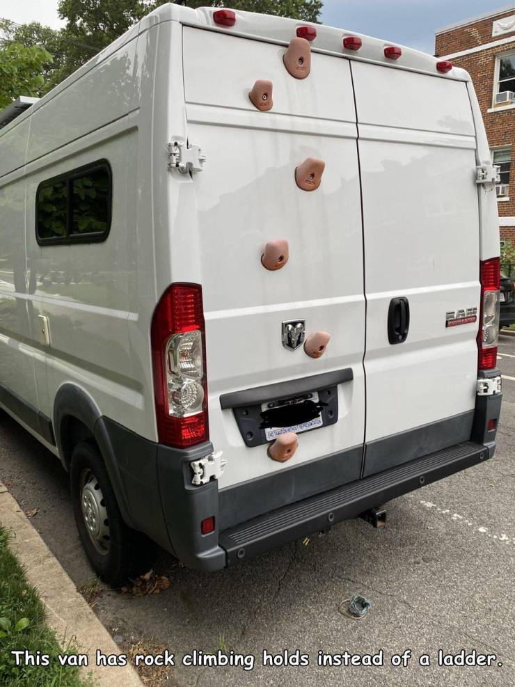 funny pics - commercial vehicle - O W30 This van has rock climbing holds instead of a ladder.