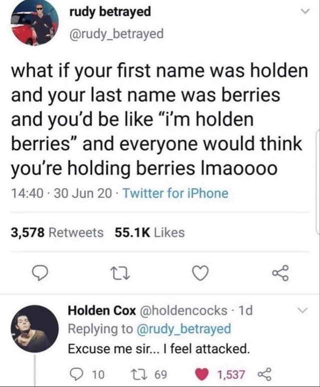 dirty memes - number - rudy betrayed what if your first name was holden and your last name was berries and you'd be "i'm holden berries" and everyone would think you're holding berries Imaoooo . 30 Jun 20 Twitter for iPhone 3,578 os Holden Cox . 1d Excuse