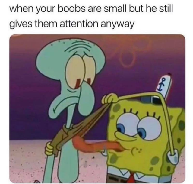 dirty memes - spongebob and squidward attached - when your boobs are small but he still gives them attention anyway