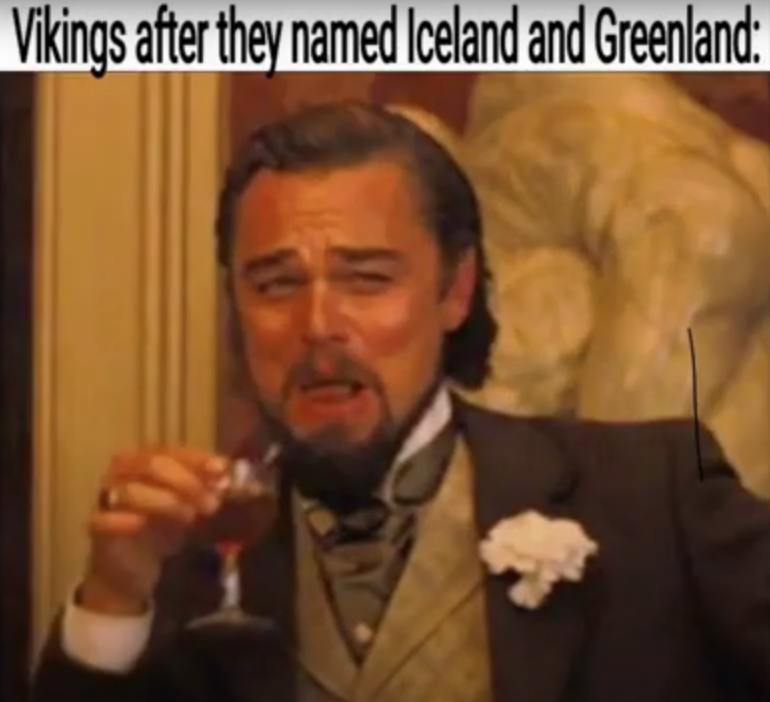 leonardo dicaprio laughing memes - leonardo dicaprio monster drink - Vikings after they named Iceland and Greenland