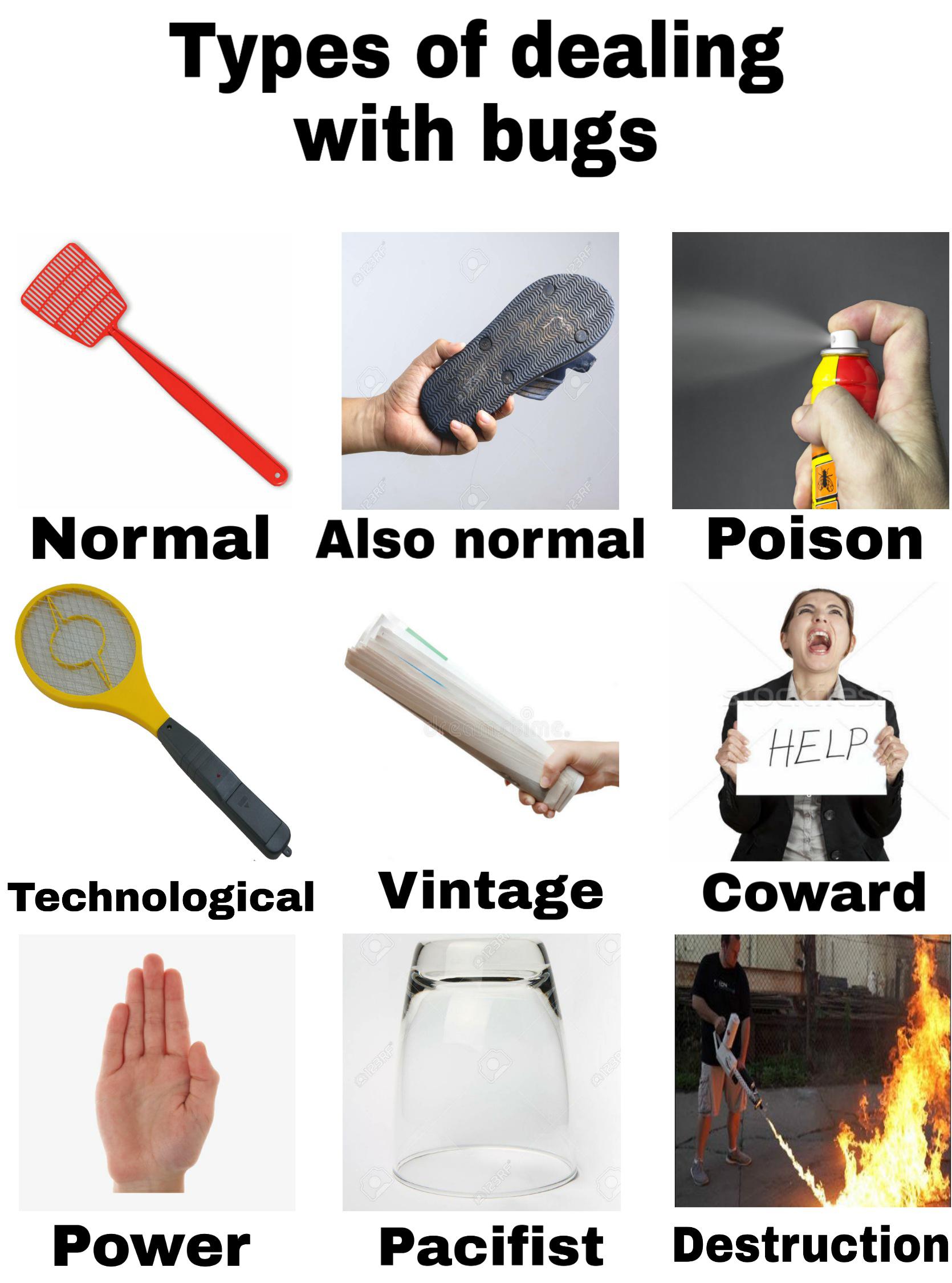 dank memes - hand - Types of dealing with bugs 23RF 23RF Normal Also normal Poison Help Technological Vintage Coward 01230 123RF 01234 Debrf Power Pacifist Destruction