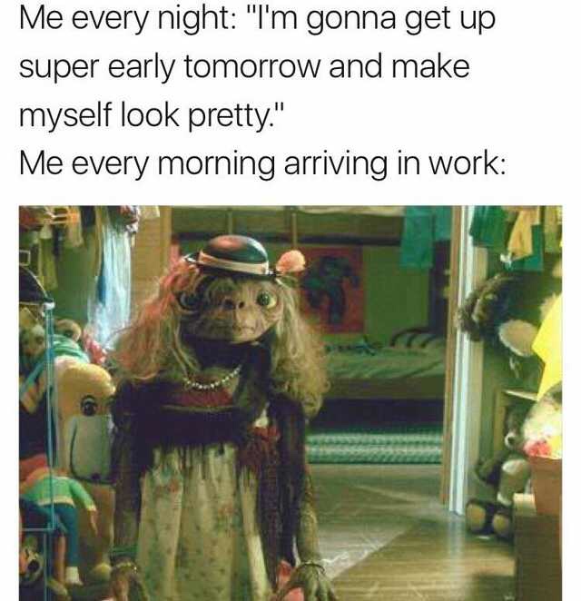 work meme - a finny meme about me every night i m gonna get up super early - Me every night "I'm gonna get up super early tomorrow and make myself look pretty." Me every morning arriving in work