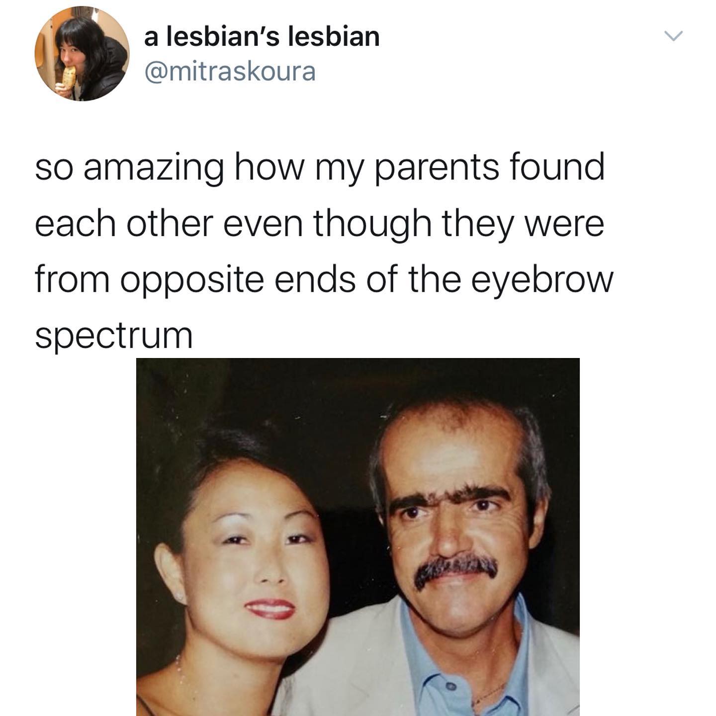 dank memes - twitter - human behavior - v a lesbian's lesbian so amazing how my parents found each other even though they were from opposite ends of the eyebrow spectrum bajas