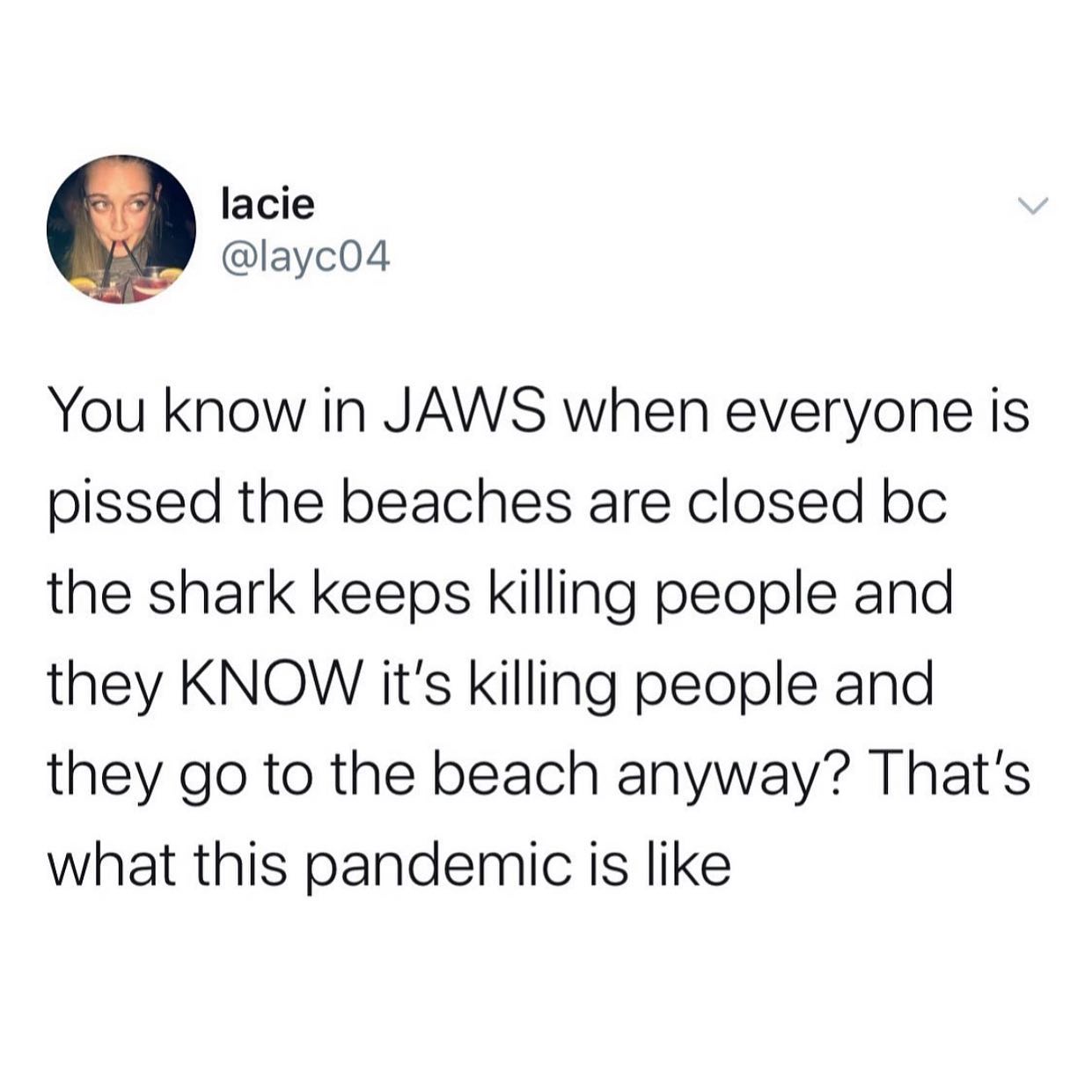 dank memes - twitter - lazy perfectionist with adhd - lacie You know in Jaws when everyone is pissed the beaches are closed bc the shark keeps killing people and they Know it's killing people and they go to the beach anyway? That's what this pandemic is