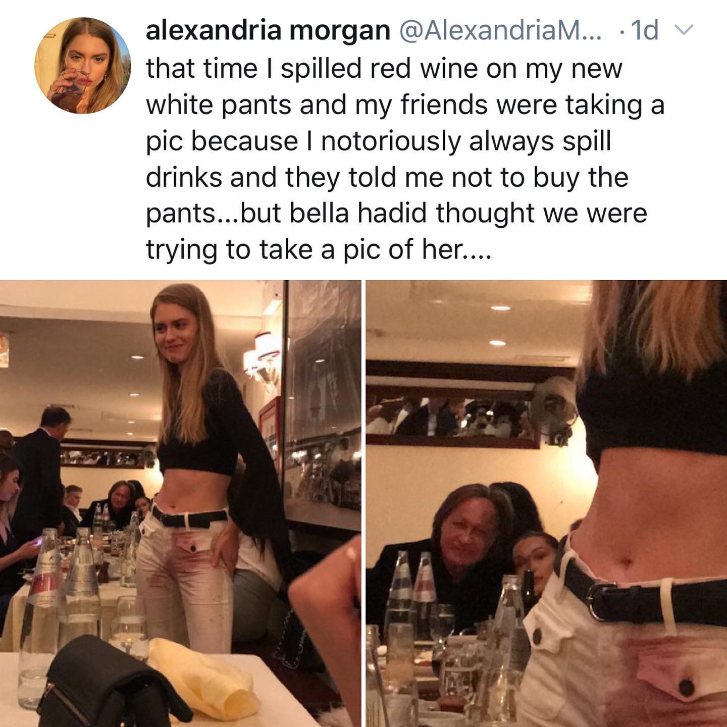 dank memes - twitter - girl - alexandria morgan ... 1d v that time I spilled red wine on my new white pants and my friends were taking a pic because I notoriously always spill drinks and they told me not to buy the pants...but bella hadid thought we were 