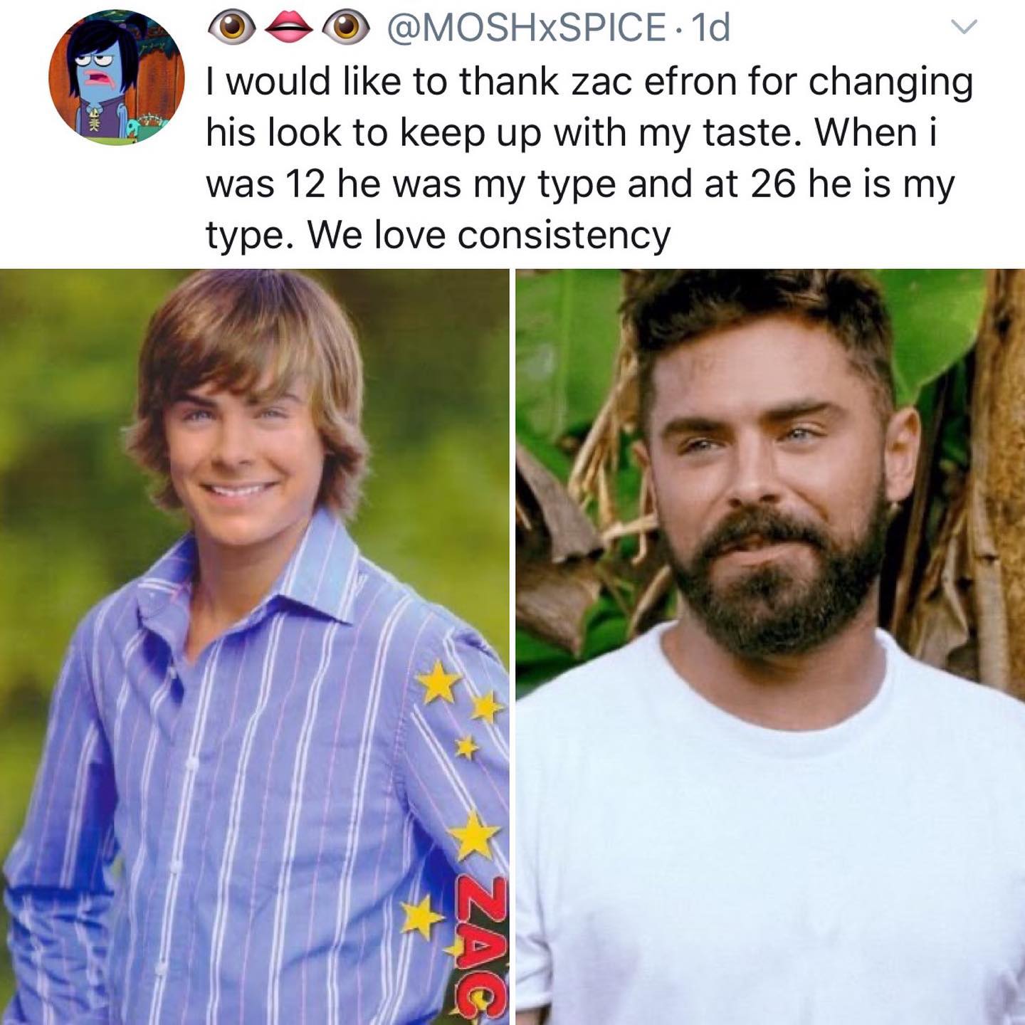 dank memes - twitter - zac efron down to earth twitter - 9 1d I would to thank zac efron for changing his look to keep up with my taste. When i was 12 he was my type and at 26 he is my type. We love consistency Za