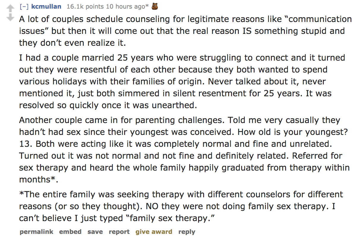 A lot of couples schedule counseling for legitimate reasons