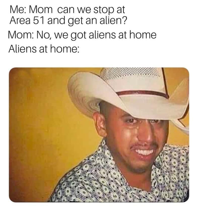 area 51 aliens at home meme - Me Mom can we stop at Area 51 and get an alien? Mom No, we got aliens at home Aliens at home