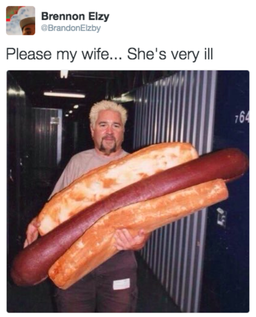 guy fieri carrying an enormous hot dog - please my wife she's very ill