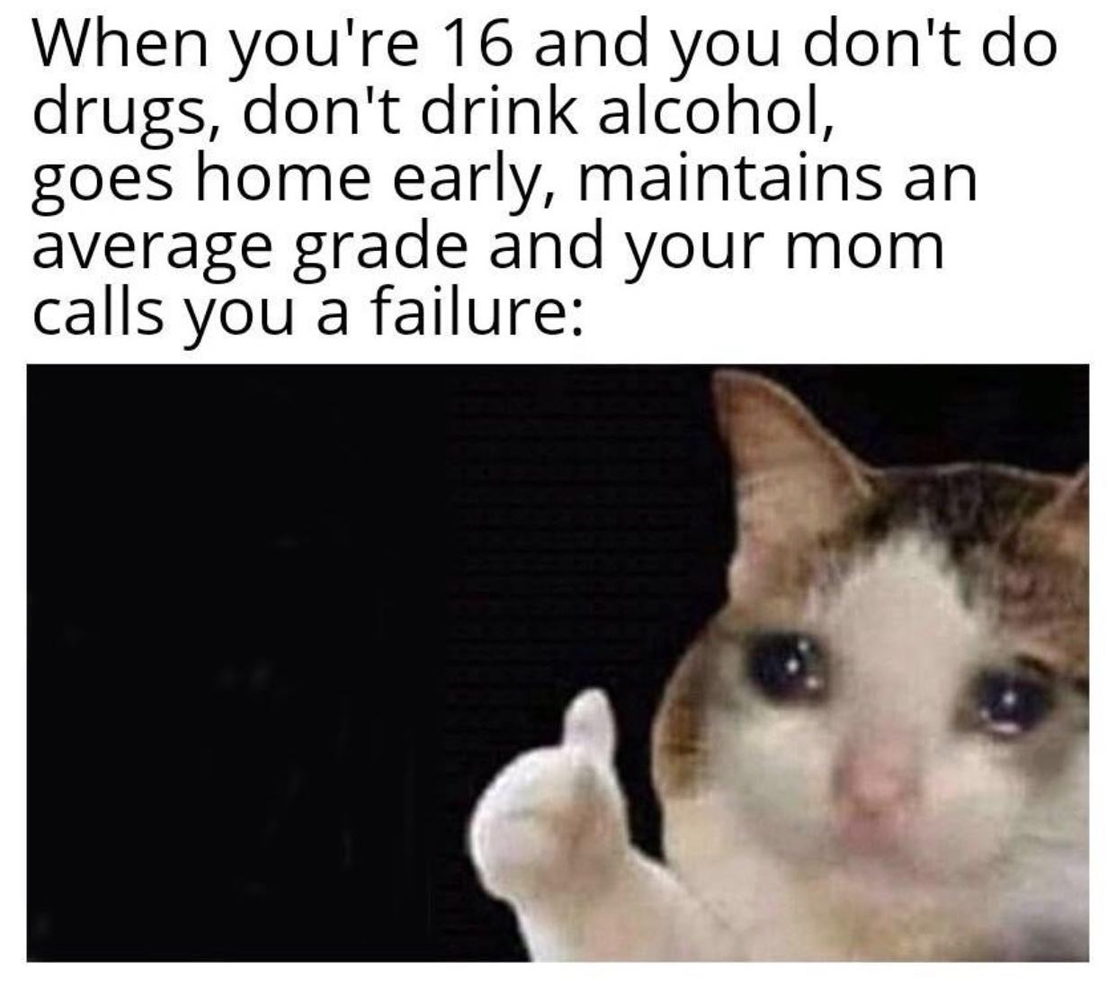 dank memes - gato sticker - When you're 16 and you don't do drugs, don't drink alcohol, goes home early, maintains an average grade and your mom calls you a failure